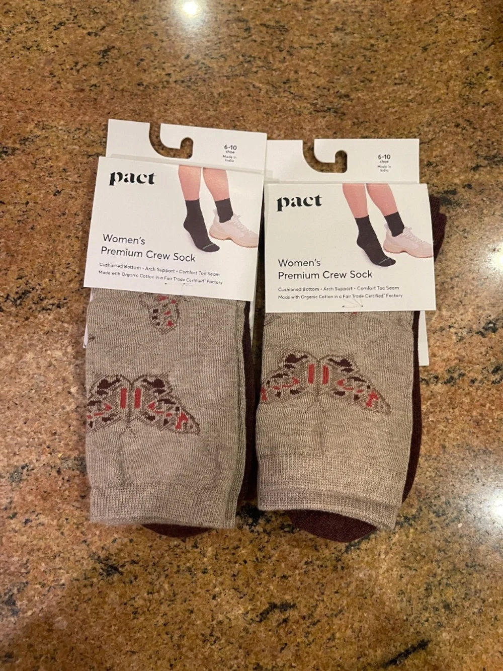 Pact Butterflies Soft Umber  Premium Crew Socks Two Pair NWT!